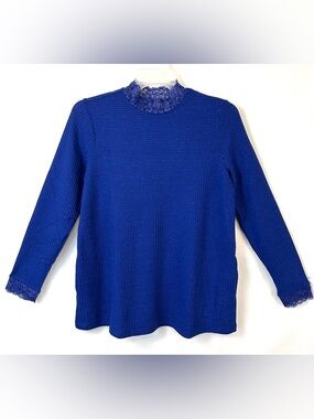 LOGO by Lori Goldstein High Lace Neck Royal Blue Sparkle Pocket Top / Medium